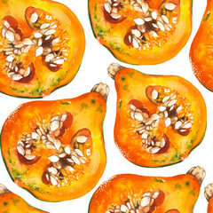 Vegetables watercolor seamless pattern. Fresh organic food. Set with pumpkins. Simple painting sketch.