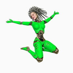 super cyborg is jumping with happiness