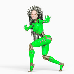 super cyborg is smiling and walking on tiptoe