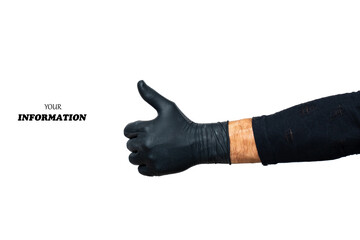 Male hand in black rubber glove isolated on white. Gesture thumb up or like, symbol, sign or gesture. Man's hands in black latex gloves. Concept of successful work of a chef of a surgeon or cleaning. 