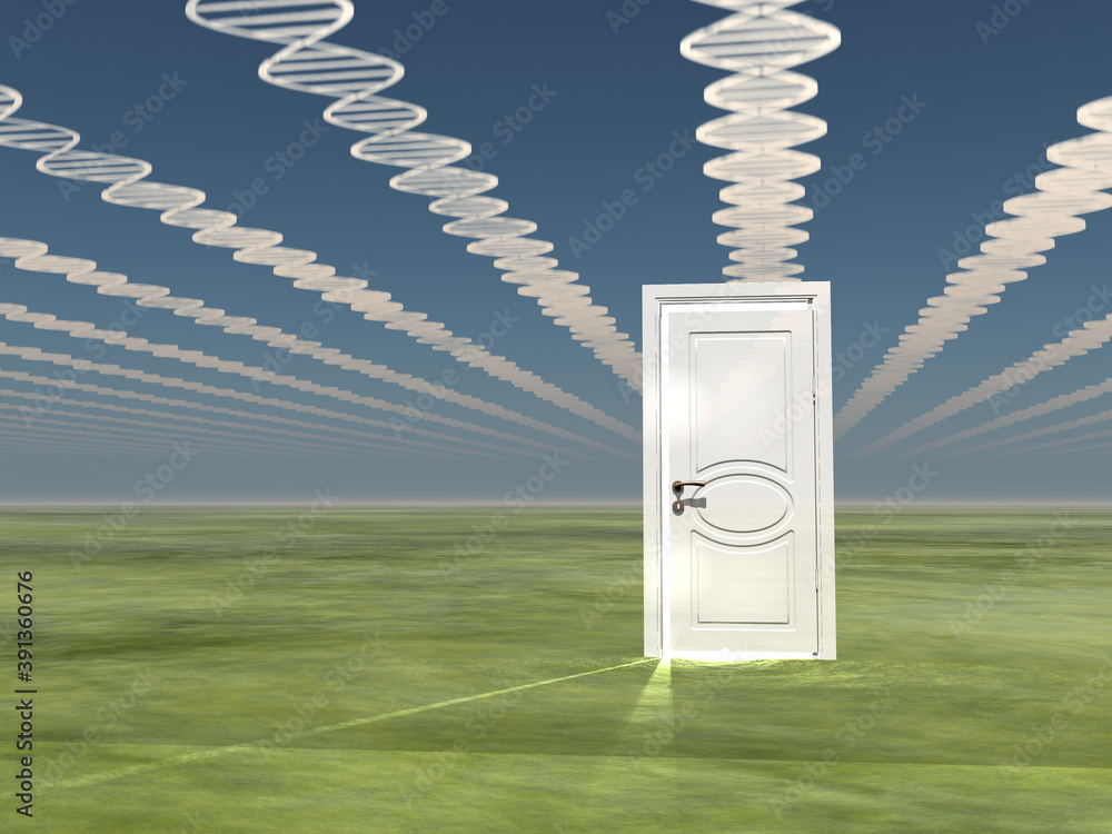 Poster white door. clouds in dna chain shape. 3d rendering
