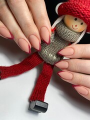 Pens with manicure and nail coating. Knitted toy