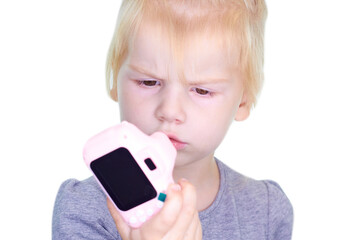 Portrait of baby girl holding photo camera isolated