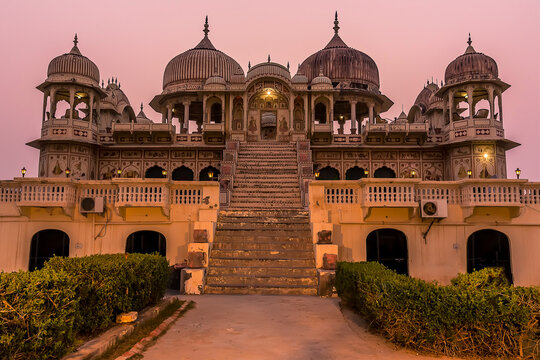 A view towards a temple in Mandawa, Rajasthan, India at sunset