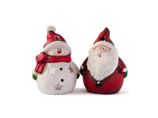 santa claus and snowman candle lanterns isolated on white