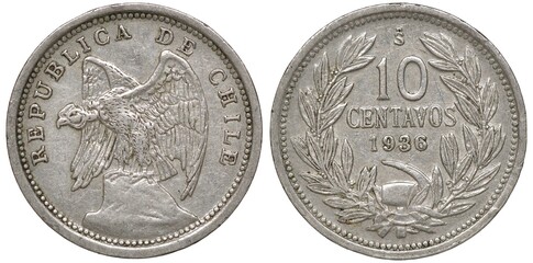 Chile Chilean coin 10 ten centavos 1936, condor on rock, value and date within wreath, hammer and sickle below,