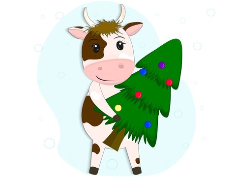 Bull holding a Christmas tree, vector image in cartoon style on a blue background. Festive postcard, congratulations on the new year 2021. Zodiac sign bull.
