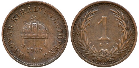 Hungary Hungarian bronze coin 1 one filler 1902, crown with leaning cross, date below, digit of...