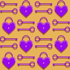 Love locks or padlocks in heart shape with key repeat pattern and seamless vector