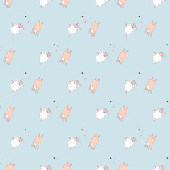 Seamless patterns. Yoga for pets. Playful sheep. Vector illustration on a blue background. Cute farm animals meditate and stand in asana. For packaging, textiles, wallpaper and childrens collection © Ludmila