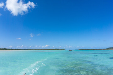 seascape of Pines Island, new caledonia: turquoise lagoon, typical rocks, blue sky
