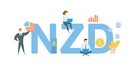 Obraz na płótnie Canvas NZD, New Zealand dollar. Concept with keywords, people and icons. Flat vector illustration. Isolated on white background.
