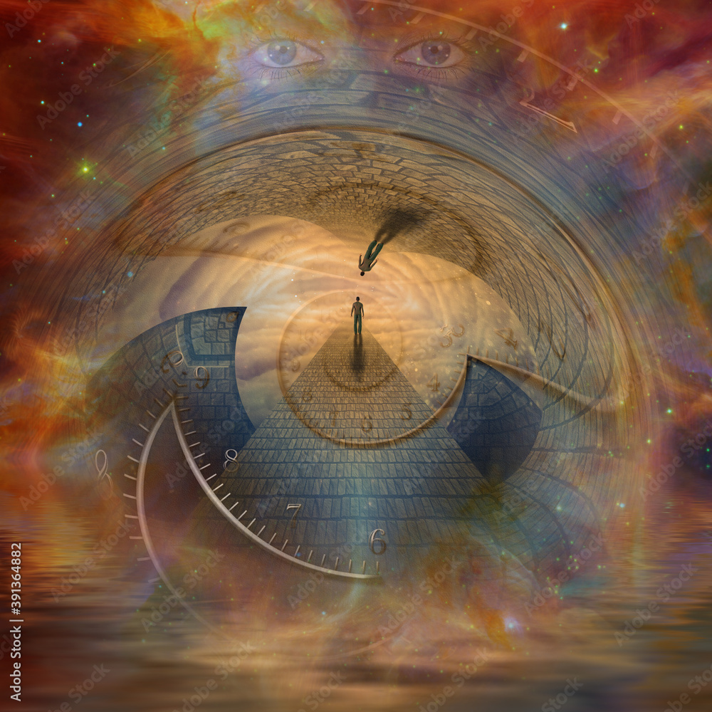 Poster man in creation with time element. 3d rendering