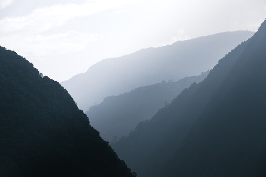 Evening light across the canyon at Himalaya mountains in Nepal