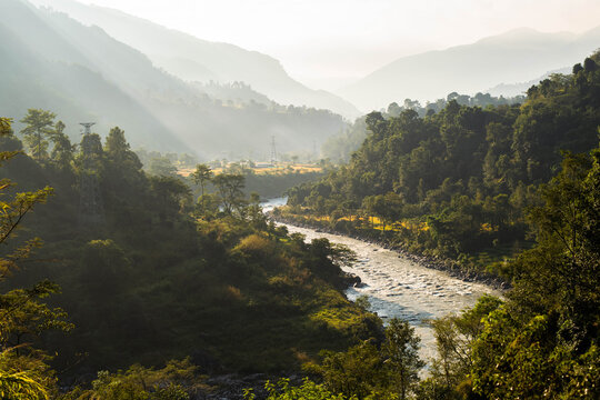 Evening light across the canyon at Himalaya mountains in Nepal
