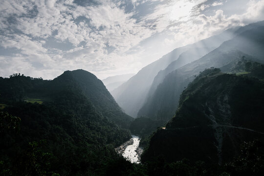 Evening light across the canyon at Himalaya mountains in Nepal