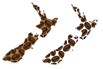 New Zealand -  map of coffee bean, New Zealand map made of coffee beans,