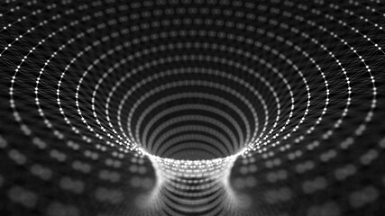 Cyber tunnel consisting of moving glowing points. Futuristic infinite space background. Concept of data transfer in cyberspace. Hi-tech illustration. 3d rendering.