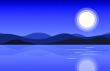 Night landscape with full moon and lake. Vector background