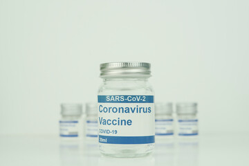 vials with the Covid-19 vaccine on a laboratory bench to combat the coronavirus  sars-cov-2 pandemic