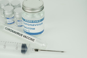 vials with the Covid-19 vaccine on a laboratory bench to combat the coronavirus  sars-cov-2 pandemic