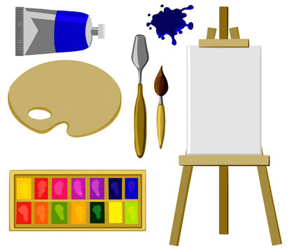 Working materials of the artist malbert with a tablet, brushes, palette knife, paints in a box, a tube of paint, a blot, a palette. Flat illustration. Isolated items on white background
