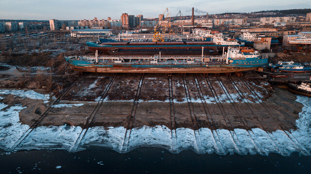 Cargo vessel in the docks while maintainig