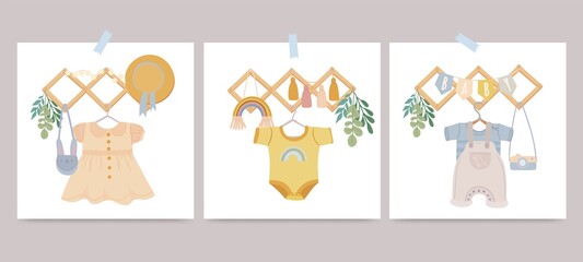 Set of cards with kid clothes on hangers. Baby fashion. Element of wardrobe decorations. Template. Cartoon vector illustration