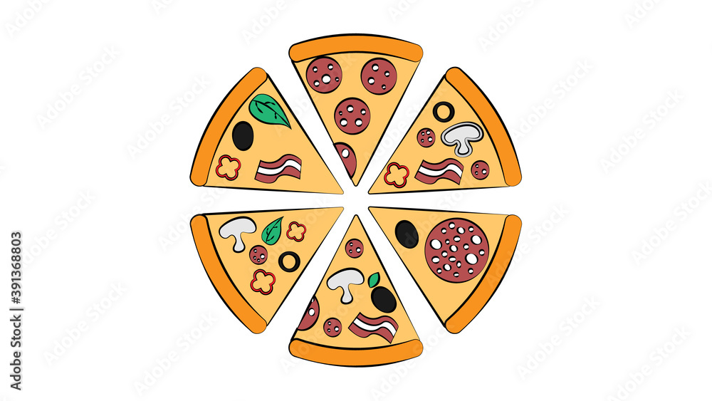 Poster whole and chopped pizza icon. vector collection on white background