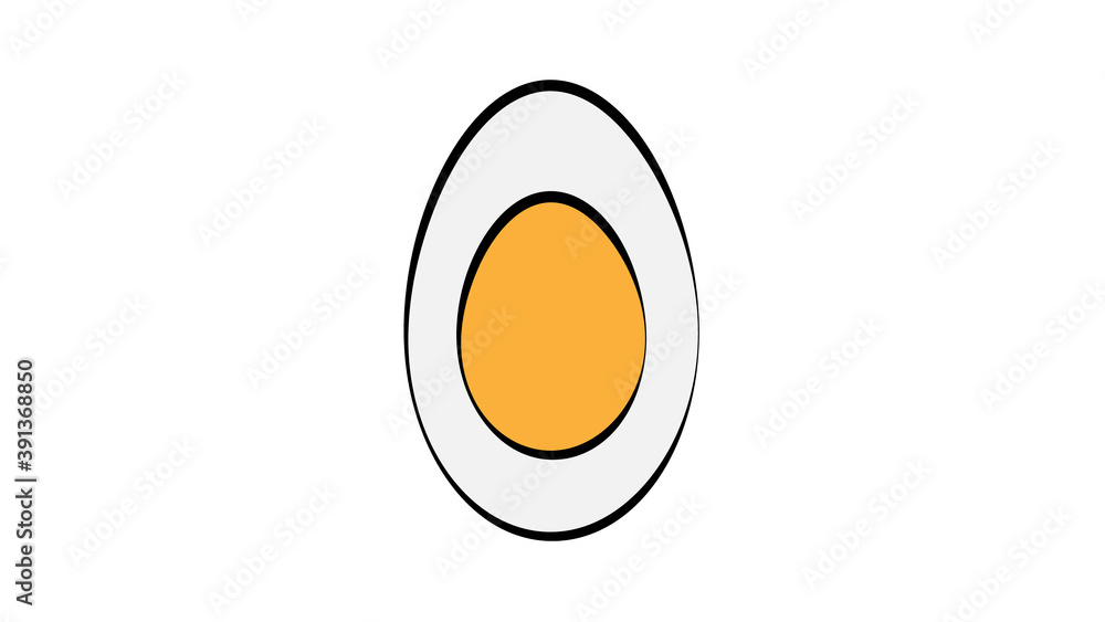 Poster hard boiled sliced broken egg flat style with long shadow isolated on green background. breakfast el
