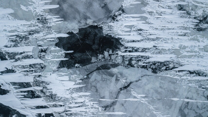 drone view: snow traces on the ice