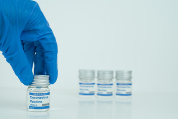 vials with the Covid-19 vaccine on a laboratory bench. to combat the coronavirus  sars-cov-2 pandemic