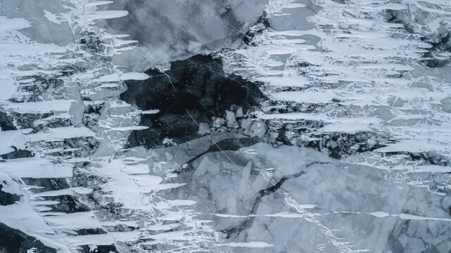 drone view: snow traces on the ice