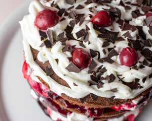 Black Forest gateaux with whipped cream and cherries 