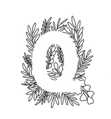 Letter Q in thin lines leaves in elegant style. Floral letter Q. Modern and stylish alphabet. Negative space lettering. Line art floral lettering isolated on white background.