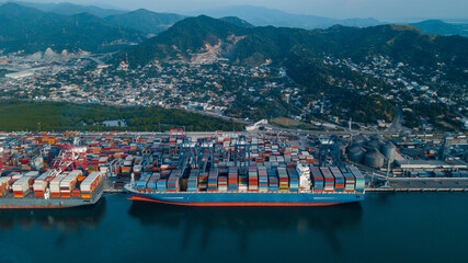 Mexican port in Manzanillo - large ocean cargo ship near the dock