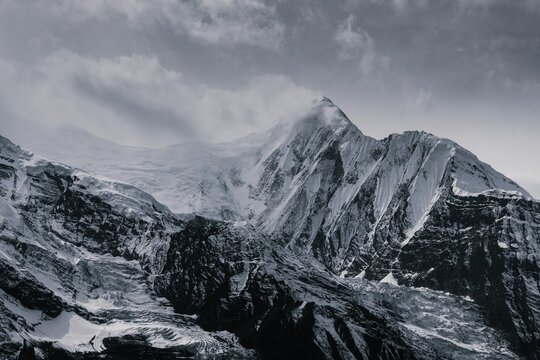 View on a snow capped Annapurna peak of Himalayan range in Nepal