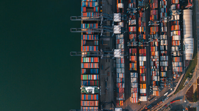Mexican port in Manzanillo - large ocean cargo ship near the dock