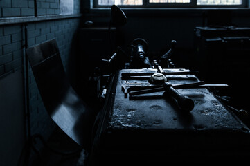 factory still life - callipers and other measurement tools on the workbench