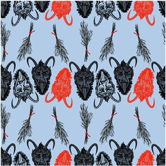 Seamless pattern with Krampus. Traditional christmas devil. Vector illustration.  Can be used for fabric, wrapping paper, scrapbooking. For cards, posters, stickers and professional design