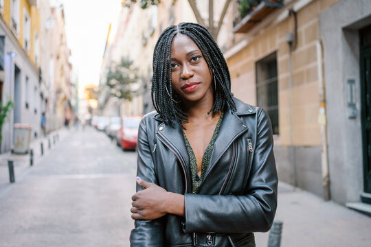 Portrait Of Stylish Black Woman On The Streets Of Madrid Old Town.