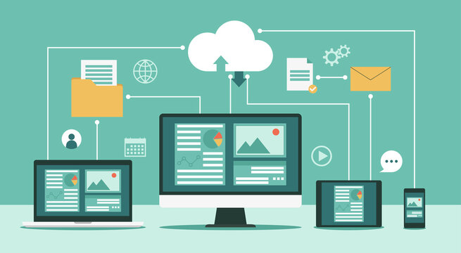 Cloud computing technology network with computer monitor, laptop, tablet, and smartphone, Online devices upload, download information, data in database on cloud services, vector flat illustration