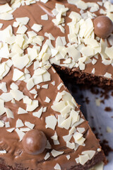 chocolate cake on a plate with slice removed 