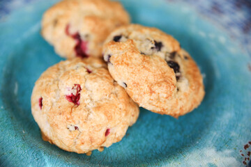 Homemade bakery scones on a blue plate