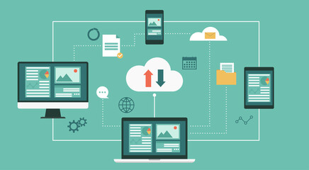 Cloud surrounded by networked electronic devices on processing of upload and download information, data in database on cloud computing technology services, vector flat illustration