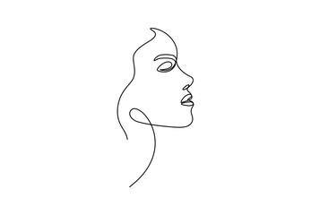 Continuous one line drawing of woman face. Contemporary portrait for t-shirt, textile print, minimalistic logo design, beauty concept. Vector fashion illustration