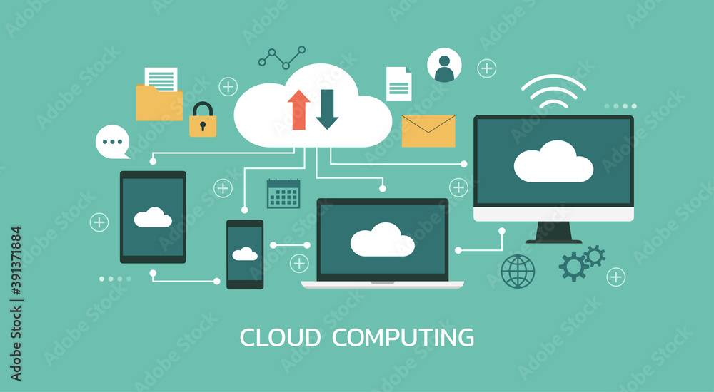 Poster cloud computing technology concept, information or files storage, data processing service with compu