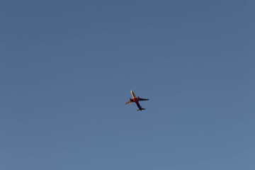 Close-up of a airplane during fly in the sky. Taking  off.
