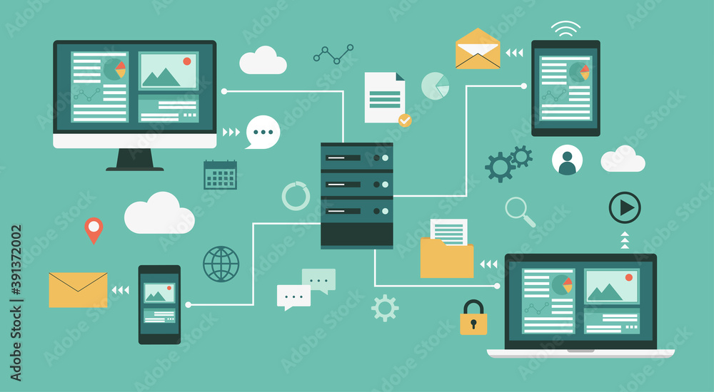 Poster cloud storage data center with computer, laptop, tablet and smartphone, technology network and datab