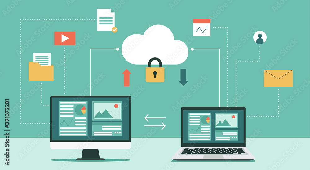 Poster cloud computing security and protecting data concept with computer and laptop, online devices upload